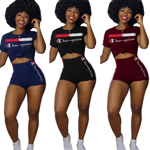 Casual round neck solid color short-sleeved shorts two-piece nightclub suit K8755