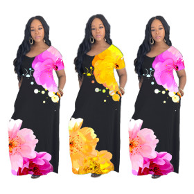Casual Flower Printed V-Neck Short Sleeves Pocket Plus Size Long Dress FS3515