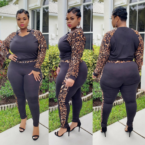 Pants suit + round neck leopard pattern stitching top women's spot YFS1254