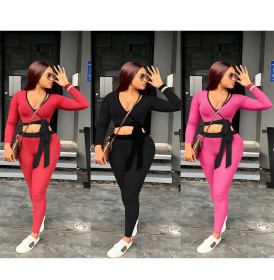 Sexy Contrast Stitching V-Neck Long Sleeves Cropped Top With Trousers Two Piece Sets TH3566