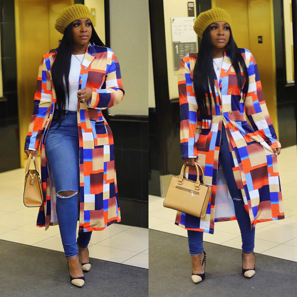 Popular Multicolor Checks Long Sleeve Cardigan Coat HR8088