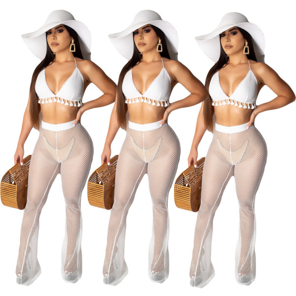 Bandage Tassel Bra Top Perspective White Mesh Pants AMM8141