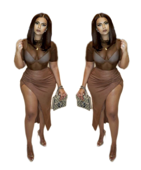 Mesh Patchwork Faux Leather Side Slit Bodycon Short Sleeve Club Dress C2050