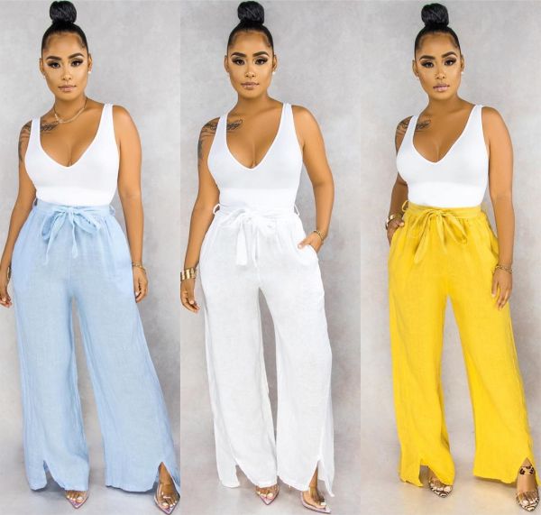 Women's cotton and linen wide loose pants casual trousers with laces LML099
