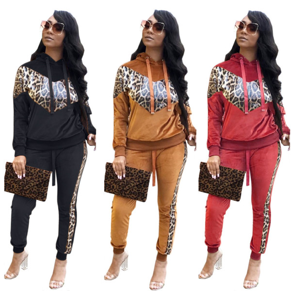 Autumn Winter Casual Leopard Printed Patchwork Sport Sets BLX7338