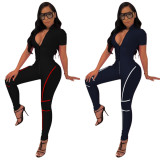 Running Stripe Patchwork Zipper Bodycon Jumpsuit MD167