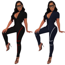 Running Stripe Patchwork Zipper Bodycon Jumpsuit MD167