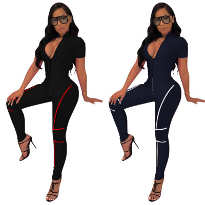 Running Stripe Patchwork Zipper Bodycon Jumpsuit MD167
