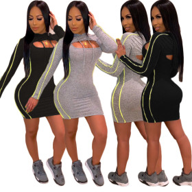 Black/Gray Bodycon Long Sleeves Low-Cut Wrap Dress AMM8186