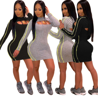 Black/Gray Bodycon Long Sleeves Low-Cut Wrap Dress AMM8186