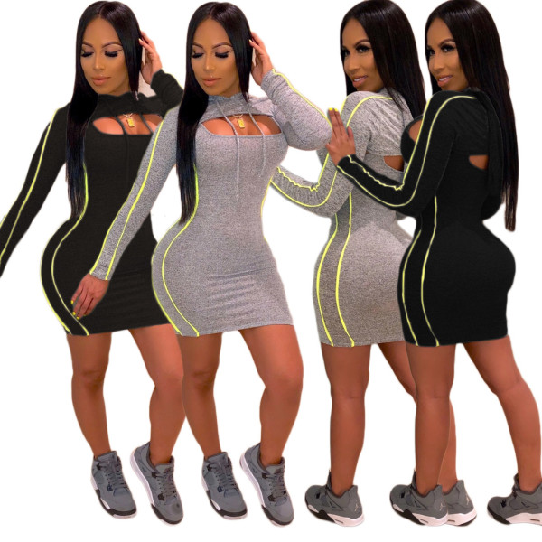 Black/Gray Bodycon Long Sleeves Low-Cut Wrap Dress AMM8186