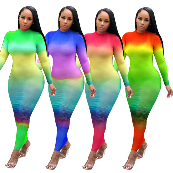 Gradient Color Sexy Long Sleeves See Through Maxi Dress MY9506