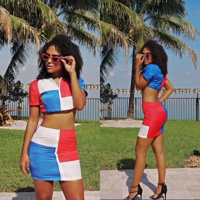 Hot Color Patchwork Skirt Suits Zipper Crop Top Short Dress ORY5046
