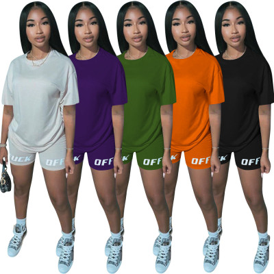 Women's letter printed sports casual short sleeve shorts two-piece set MN080