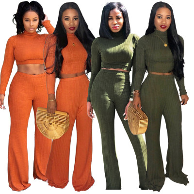 Trendy Sweater Solid Outfits Crop Top Wide Leg Pants GL6072
