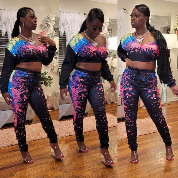 Inkjet printing pleated loose two-piece suit KSN8039