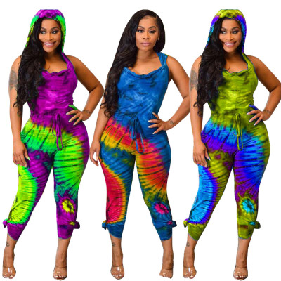 Hooded Tie-Dye Backless Women Long Jumpsuit HM5239
