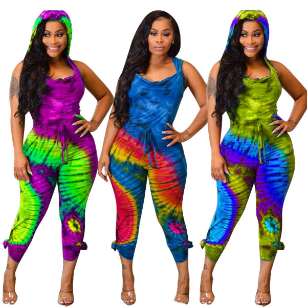 Hooded Tie-Dye Backless Women Long Jumpsuit HM5239