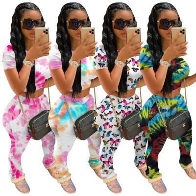 Tie-dye butterfly short sleeve trousers sports suit two-piece suit QM4016