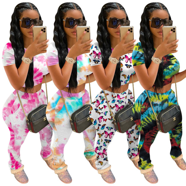 Tie-dye butterfly short sleeve trousers sports suit two-piece suit QM4016