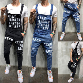 Men's Sling Denim Bottom Tear Torn Letter Denim Pants RF960