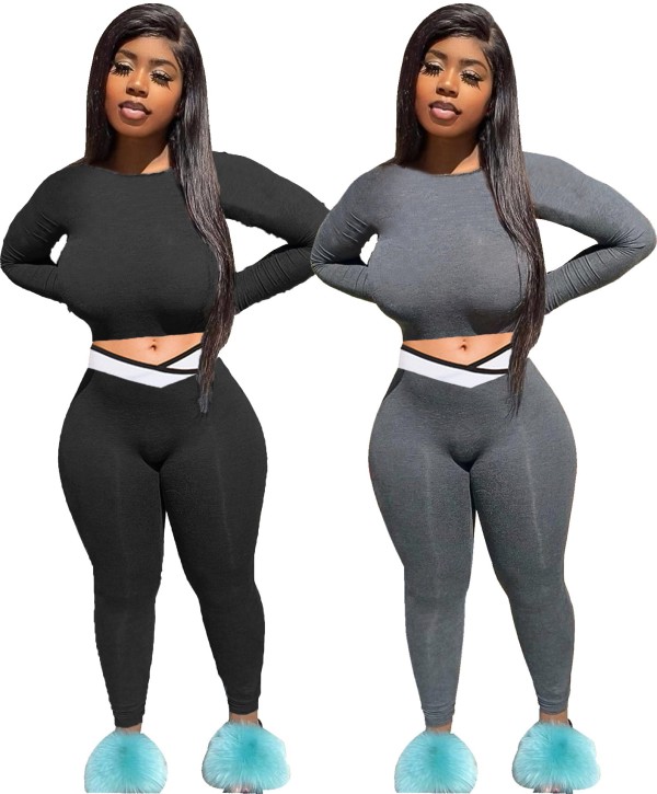 Autumn Round Neck Long Sleeves  Mini Top With Trousers Bodycon Plus Size Two Piece Set W897