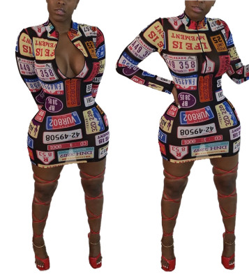 Fashion license plate print street tight dress LML145