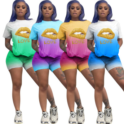 Casual Gradient Color Lips Letter Printed Two Pieces Set OFN6403