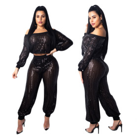 Black Sequined Sets Crop Tops+Long Pants MY9280