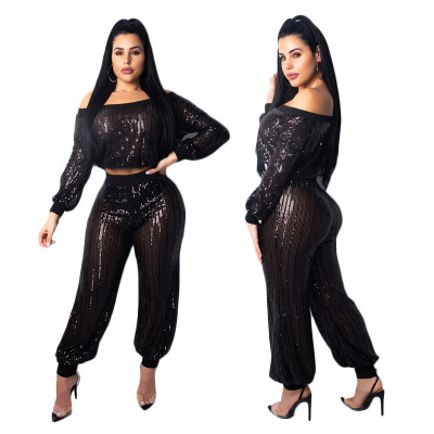Black Sequined Sets Crop Tops+Long Pants MY9280