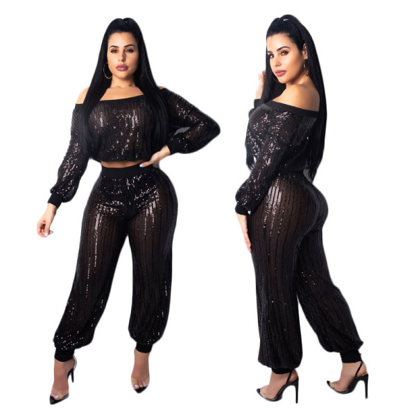 Black Sequined Sets Crop Tops+Long Pants MY9280