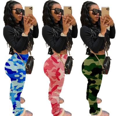 Women's camouflage temperament casual mid-waist raised hip elasticated pants LML090