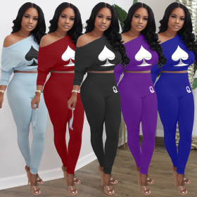Fashion Q-Printed Slash Neck Long Sleeves Mini Top With Trousers Two Piece Set KSN8026