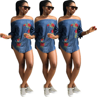 Fashion Jean Embroidery A Word Shoulder Mini Dress T3284H