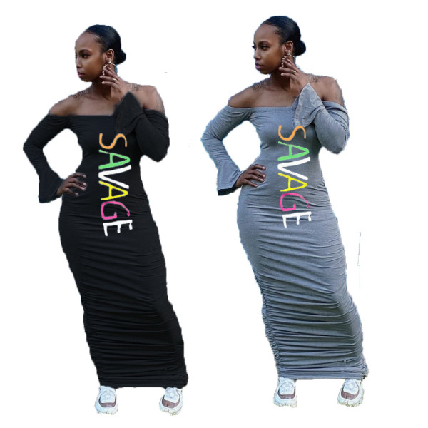 Sexy Letter Printed Flared Sleeves Pleated Bodycon Dress R3078