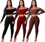 Slash Neck Mini Tops With Long Bodycon Pants Sexy 2 Pieces Sets FZB-8312