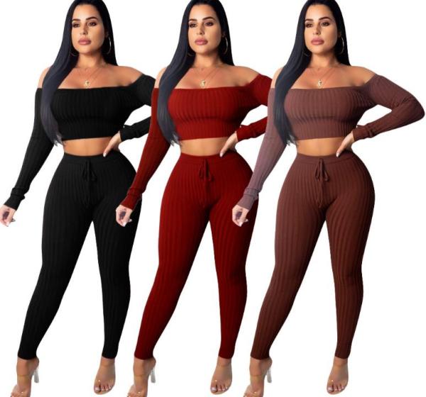 Slash Neck Mini Tops With Long Bodycon Pants Sexy 2 Pieces Sets FZB-8312