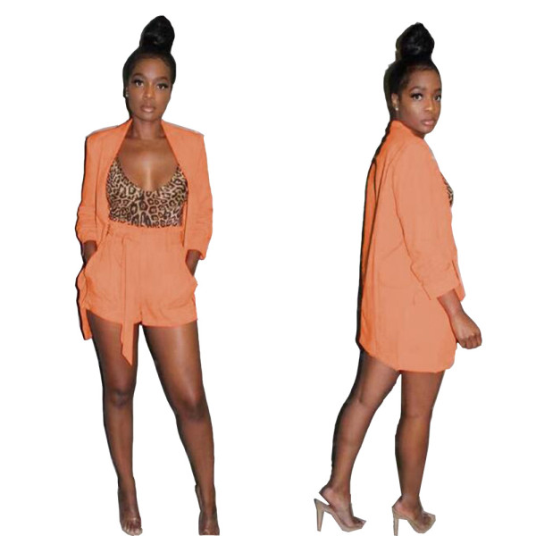 Elegant Plain Color Sets Cardigan Long Sleeves Coat Belted Shorts BN9193