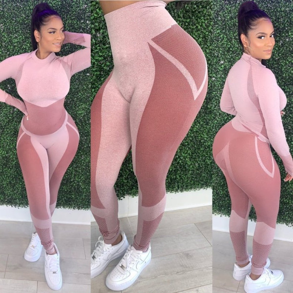 Fashion Contrast Round Neck Long Sleeves Top With Trousers Bodycon Two Piece Set TY1870