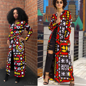 Casual Slim Bodycon V Collar Printing Long Coat With Belt ML7138