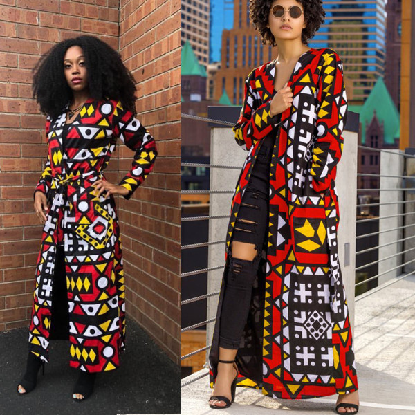 Casual Slim Bodycon V Collar Printing Long Coat With Belt ML7138