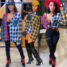 Fashion Contrast Stitching Plaid Long Sleeves Loose Shirt KSN8038