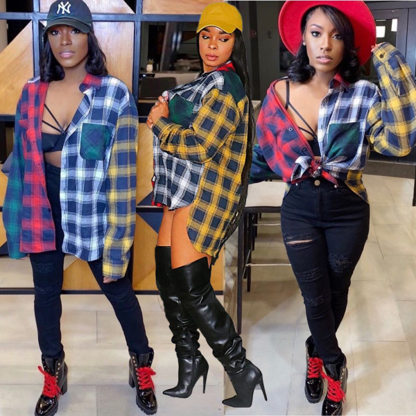 Fashion Contrast Stitching Plaid Long Sleeves Loose Shirt KSN8038