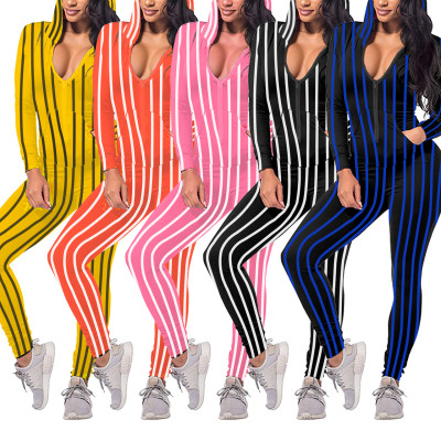Young Girls Zipper Slim Bodycon Stripe Fashion Hooded Jumpsuit Q416
