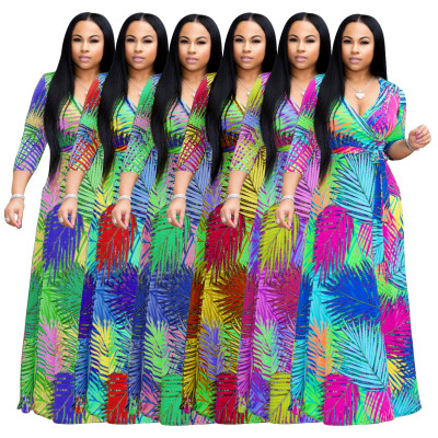 Women Printing 3/4 Sleeves V Neck Maxi Dress For Holiday SMR9313