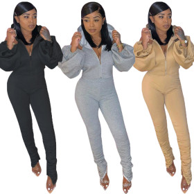 Sexy Solid Color Zipper Puff Sleeves Backless Hooded Mini Top With Pleated Split Trousers Two Piece