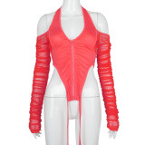 Sexy Solid Color Zipper V-Neck Strapless Backless Mesh Sleeves Mini Top K20546T