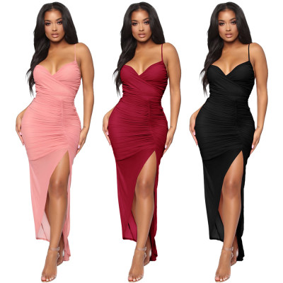 Sexy Split Pure Color Clubwear Spaghetti Strap Pleated Dress FM1072