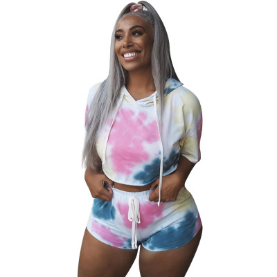 Hot Tie-Dye Outfits Hooded Top Elastic Waist Shorts HH8870