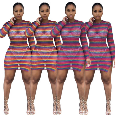 Latest Mesh Perspective Long Sleeeve Multicolor Dress YT3153